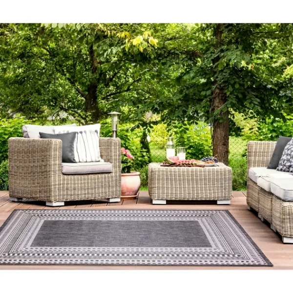 Outdoor Rugs-Kirkland's Home Charcoal Linear Macy Indoor/Outdoor Area Rug, 7X9 Black