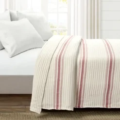 Quilts-Kirkland's Home Cherry Red Pick Stitch Stripe Queen Quilt Red/White