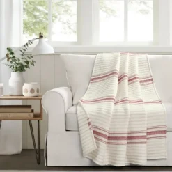 Blankets & Throws-Kirkland's Home Cherry Red Pick Stitch Stripe Decorative Throw Red/White