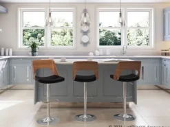 Bar Stools & Counter Height Stools-Kirkland's Home Cherry Wood And Leather Swivel Bar Stool Black