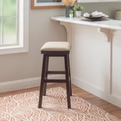 Bar Stools & Counter Height Stools-Kirkland's Home Chestnut Wood Upholstered Leather Bar Stool Tan