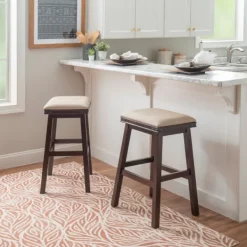 Bar Stools & Counter Height Stools-Kirkland's Home Chestnut Wood Upholstered Leather Bar Stool Tan