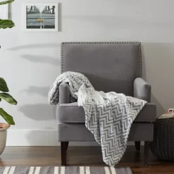 Blankets & Throws-Kirkland's Home Chevron Plush Throw Gray