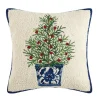 Pillows-Kirkland's Home Chinoiserie Tree Blue Trim Wool Christmas Pillow Ivory/Blue/Green