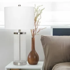 Table Lamps-Kirkland's Home Clear Glass And Nickel Cylindrical Table Lamp White