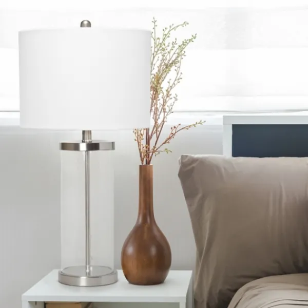 Table Lamps-Kirkland's Home Clear Glass And Nickel Cylindrical Table Lamp White