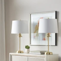 Table Lamps-Kirkland's Home Clear Glass Base Gold Table Lamps, Set Of 2 White