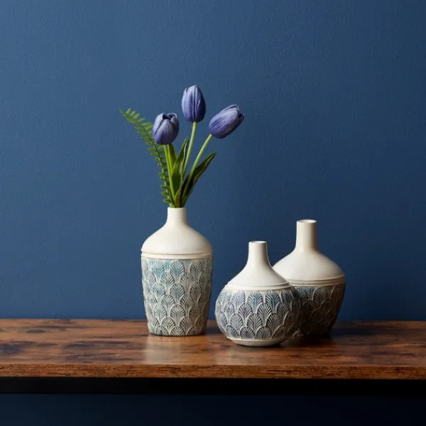 Vases-Kirkland's Home Coastal Scalloped Vases, Set Of 3 White/Blue