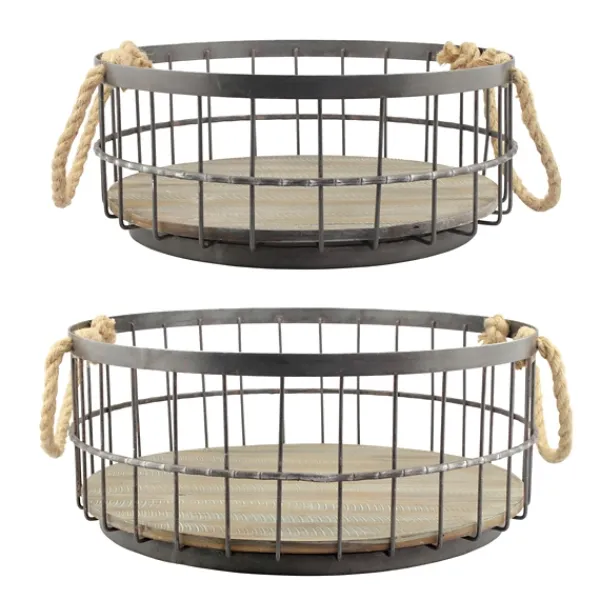 Baskets & Boxes-Kirkland's Home Coastal Wire And Wood Baskets, Set Of 2 Tan/Black