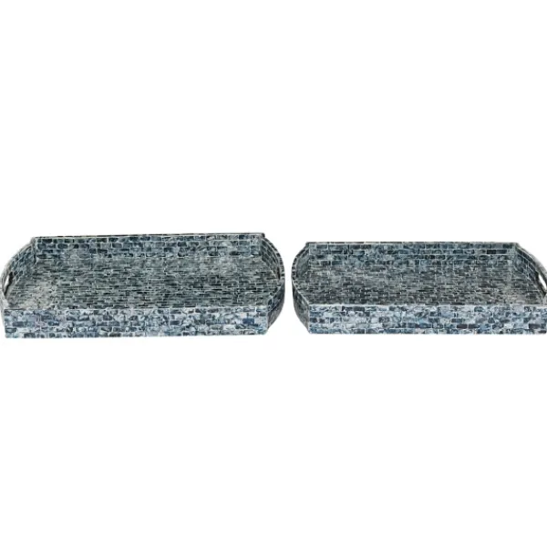 Decorative Trays-Kirkland's Home Coastal Wood And Oyster Shell Trays, Set Of 2 Blue