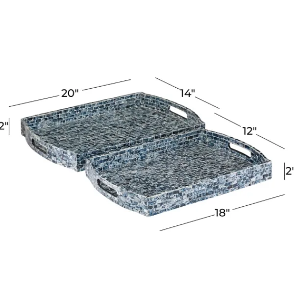 Decorative Trays-Kirkland's Home Coastal Wood And Oyster Shell Trays, Set Of 2 Blue