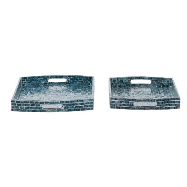 Decorative Trays-Kirkland's Home Coastal Wood And Oyster Shell Trays, Set Of 2 Blue
