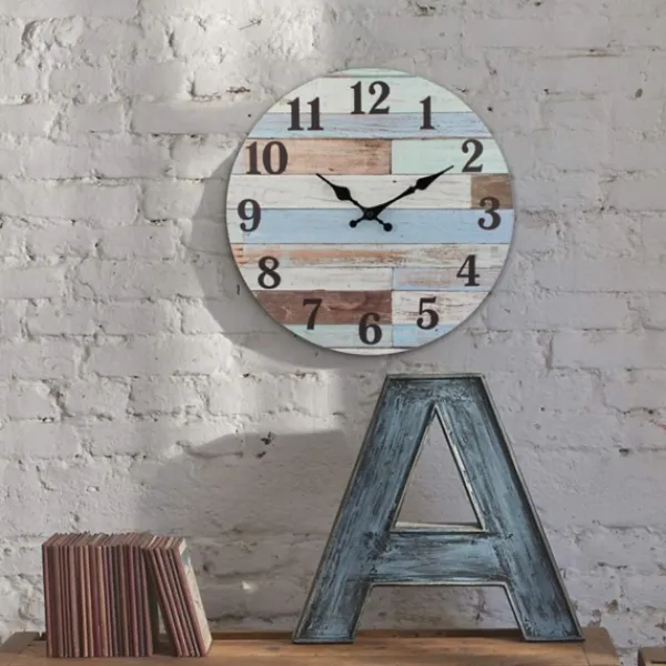 Clocks-Kirkland's Home Coastal Worn Blue And White Wooden Wall Clock