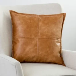 Pillows-Kirkland's Home Cognac Faux Leather Throw Pillow Brown