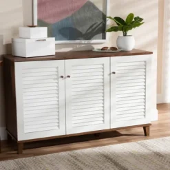 Entryway Furniture-Kirkland's Home Collier Two-Tone 3-Door Shoe Storage Cabinet Brown/White