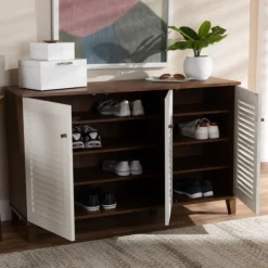 Entryway Furniture-Kirkland's Home Collier Two-Tone 3-Door Shoe Storage Cabinet Brown/White