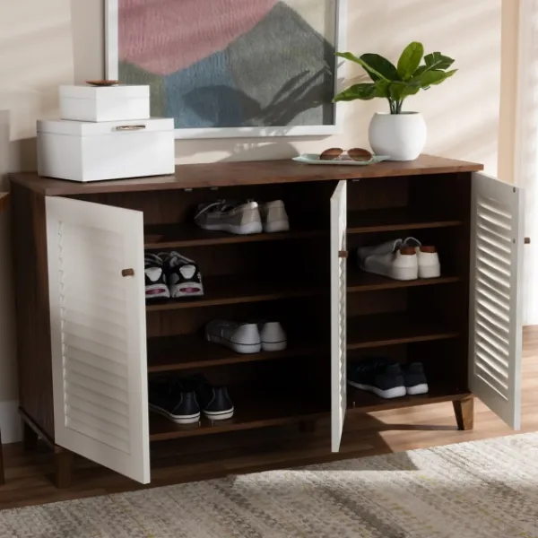 Entryway Furniture-Kirkland's Home Collier Two-Tone 3-Door Shoe Storage Cabinet Brown/White