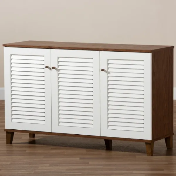 Entryway Furniture-Kirkland's Home Collier Two-Tone 3-Door Shoe Storage Cabinet Brown/White
