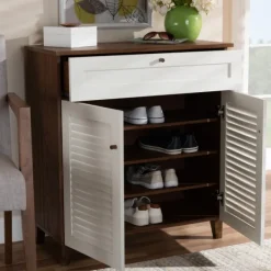 Entryway Furniture-Kirkland's Home Collier Two-Tone Drawer Shoe Storage Cabinet White/Brown