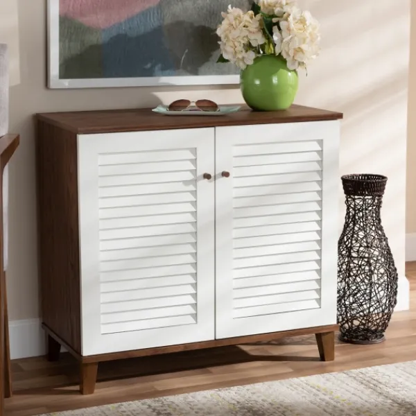 Entryway Furniture-Kirkland's Home Collier Two-Tone Slatted Shoe Storage Cabinet