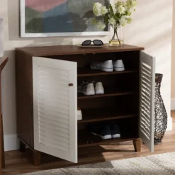 Entryway Furniture-Kirkland's Home Collier Two-Tone Slatted Shoe Storage Cabinet