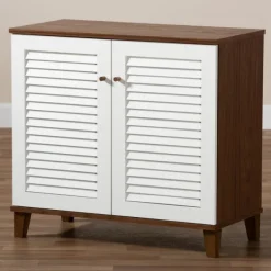 Entryway Furniture-Kirkland's Home Collier Two-Tone Slatted Shoe Storage Cabinet