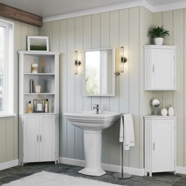 Bathroom Furniture-Kirkland's Home Corner Shelf With Cabinet Doors White