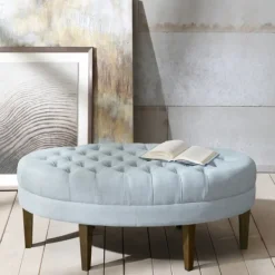 Benches & Ottomans-Kirkland's Home Cory Tufted Dusty Linen Ottoman Blue