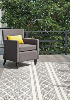 Outdoor Rugs-Kirkland's Home Cream And Gray Miriam Striped Outdoor Rug, 8X10 Gray/Ivory