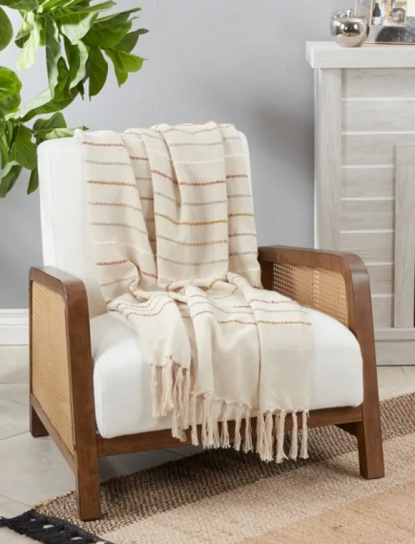 Blankets & Throws-Kirkland's Home Cream And Orange Striped Throw Blanket Ivory/Orange