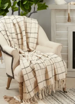 Blankets & Throws-Kirkland's Home Cream Blue Plaid Throw Blanket Ivory