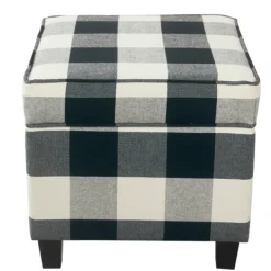 Benches & Ottomans-Kirkland's Home Cream Buffalo Plaid Upholstered Storage Ottoman Black/White