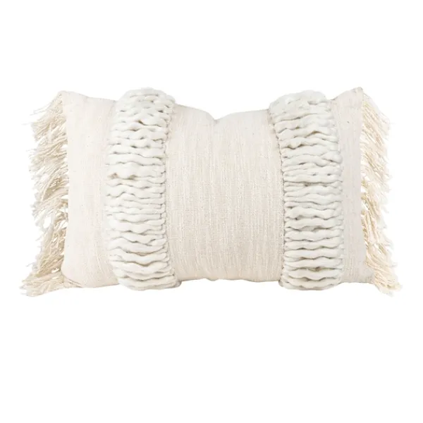 Pillows-Kirkland's Home Cream Hand Woven Fringe Ends Lumbar Pillow Ivory