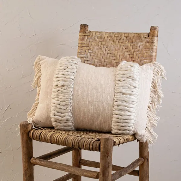 Pillows-Kirkland's Home Cream Hand Woven Fringe Ends Lumbar Pillow Ivory