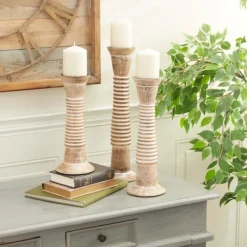 Candle Holders-Kirkland's Home Cream Mango Wood Candle Holders, Set Of 3 White