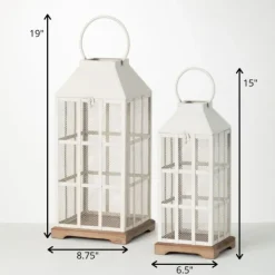 Lanterns-Kirkland's Home Cream Metal Paned Wood Base Lanterns, Set Of 2 Ivory