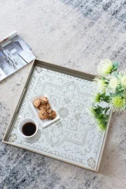 Decorative Trays-Kirkland's Home Cream Moroccan Pattern Tray With Gold Edges White