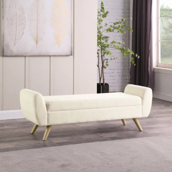 Benches & Ottomans-Kirkland's Home Cream Sherpa And Wood Storage Bench Ivory