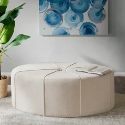 Benches & Ottomans-Kirkland's Home Cream Thick Welting Center Button Oval Ottoman Ivory