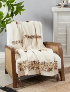 Blankets & Throws-Kirkland's Home Cream With Brown Accents Throw Blanket Ivory