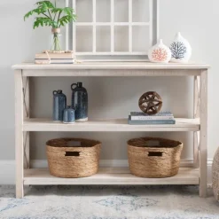 Entryway Furniture-Kirkland's Home Cream Wooden Plank X-Frame Console Table Ivory