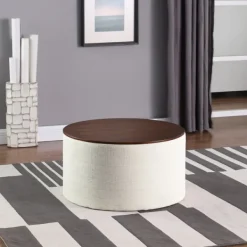 Benches & Ottomans-Kirkland's Home Cream Woven Wood Top Storage Ottoman Ivory