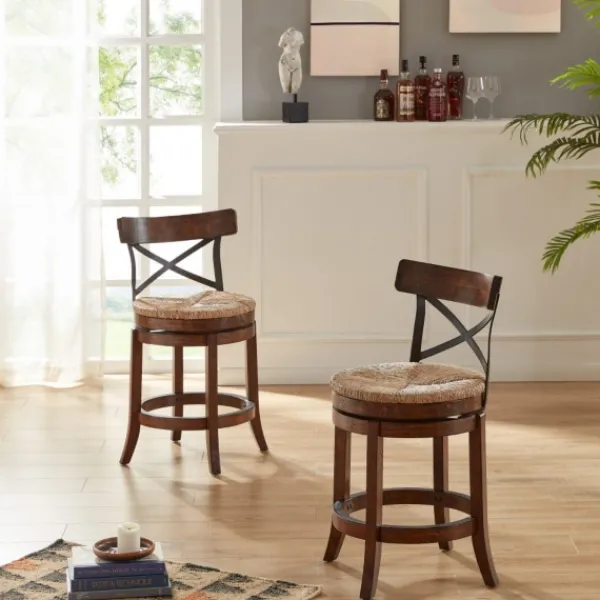 Bar Stools & Counter Height Stools-Kirkland's Home Dark Brown Wood And Seagrass Swivel Counter Stool Tan
