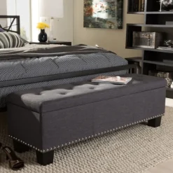 Entryway Furniture-Kirkland's Home Dark Button-Tufted Upholstered Storage Bench Gray