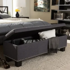 Entryway Furniture-Kirkland's Home Dark Button-Tufted Upholstered Storage Bench Gray