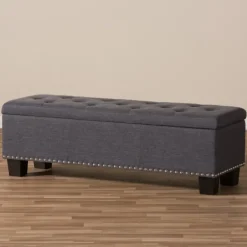 Entryway Furniture-Kirkland's Home Dark Button-Tufted Upholstered Storage Bench Gray