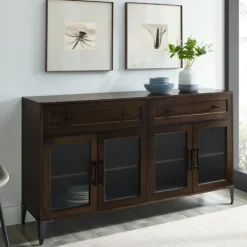 Cabinets & Sideboards-Kirkland's Home Dark Oak Fluted Glass Sideboard Cabinet Brown