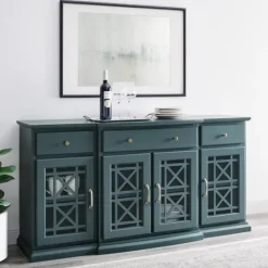 Cabinets & Sideboards-Kirkland's Home Dark Teal Tiered Fretwork Cabinet Blue