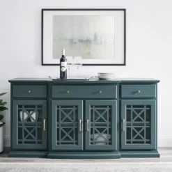 Cabinets & Sideboards-Kirkland's Home Dark Teal Tiered Fretwork Cabinet Blue