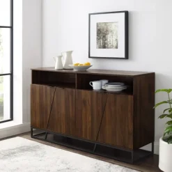 Cabinets & Sideboards-Kirkland's Home Dark Walnut Angled Door Wooden Sideboard Cabinet Brown